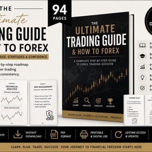 Op de afbeelding: Een zwart en goud trading gids getiteld "The Ultimate Trading Guide & How to Forex" met 94 pagina's. Het biedt gedetailleerde inhoud, strategieën en technieken voor beginners tot gevorderden. Directe download.