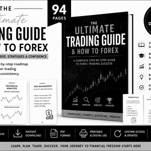 May include: A black and white book titled "The Ultimate Trading Guide & How to Forex." The book has 94 pages and covers knowledge, strategies, and confidence for Forex trading. Includes a step-by-step guide for beginners to advanced levels.