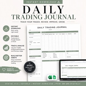 Könnte beinhalten: Ein digitales tägliches Trading-Journal mit dem Titel "DAILY TRADING JOURNAL" in großen, fetten Buchstaben. Das Journal enthält Abschnitte zur Verfolgung von Trades, Marktübersichten und Leistungszusammenfassungen. Das Design ist in Grün- und Weißtönen gehalten.