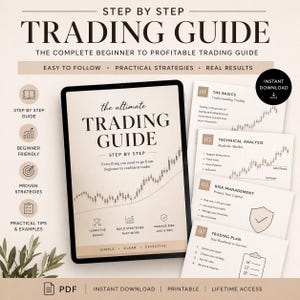 May include: A digital trading guide titled "The Ultimate Trading Guide" on a tablet, with supporting documents. The guide promises easy-to-follow strategies and real results. Additional text includes "Beginner Friendly" and "Instant Download."