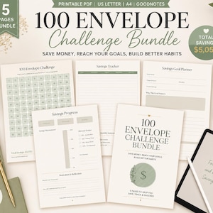 May include: A 5-page printable 100 Envelope Challenge bundle featuring a savings tracker, goal planner, and progress sheets. The documents include text such as 100 Envelope Challenge Bundle, Save Money, Reach Your Goals, Build Better Habits, and Total Savings $5,050, presented in a sage green and cream colour palette.