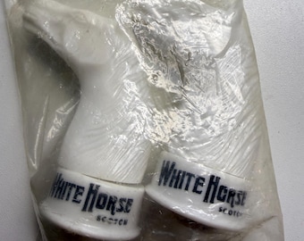 Vintage White Horse Scotch Bottle Stoppers Pourers – Pair of Advertising Barware Bottle Tops – NOS Liquor Memorabilia