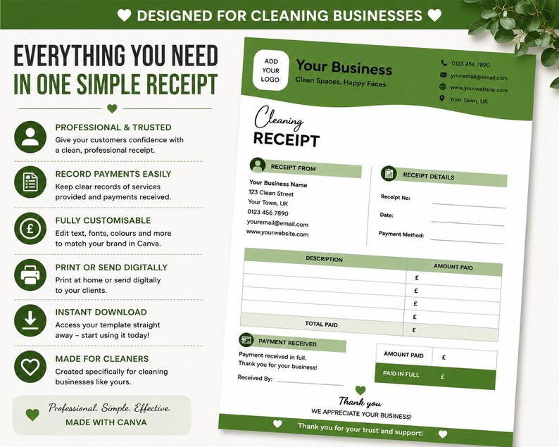 Cleaning Receipt Template | Editable Canva Receipt | Cleaning Business ...