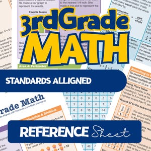 May include: A 3rd-grade maths reference sheet covering topics such as area, perimeter, and fractions. The title "3rd Grade MATH" is in large yellow letters. The sheet is aligned with Common Core standards and includes examples and explanations.