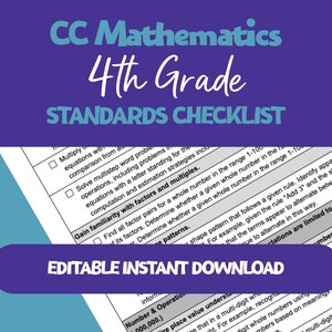 May include: A CC Mathematics 4th Grade Standards Checklist document featuring a purple header with white and light blue text. The page contains educational curriculum criteria, checkboxes, and a purple banner at the bottom stating Editable Instant Download.