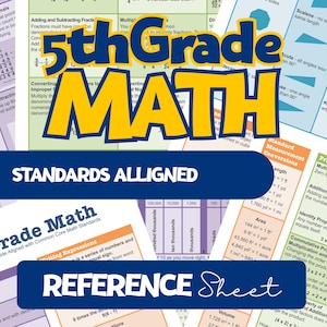 May include: A 5th Grade Math reference sheet with the title "5th Grade MATH" in large yellow letters. The sheet includes math standards, formulas, and conversions. The text "STANDARDS ALLIGNED" and "REFERENCE Sheet" are also visible.