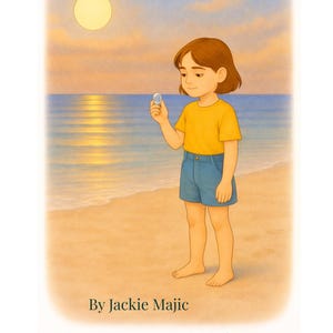 May include: Illustration of a child holding a crystal on a beach at sunset. The book cover reads "THE MAGIC CRYSTAL" and "A story of believing in yourself" by Jackie Majic.