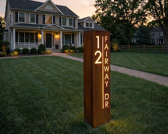 Panneau d'adresse moderne à LED, plaque de numéro de maison en métal personnalisée, signalétique extérieure minimaliste (personnalisable)