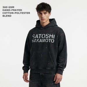 360 GSM SATOSHI NAKAMOTO Vintage Washed Frayed Fleece Hoodie