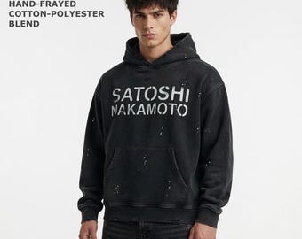 360 GSM SATOSHI NAKAMOTO Vintage Washed Frayed Fleece Hoodie