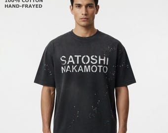 fujimoto 藤本 Graphic T-Shirt Black Size S 260 GSM SATOSHI NAKAMOTO Hand-frayed Sunfade Paint Splatter T