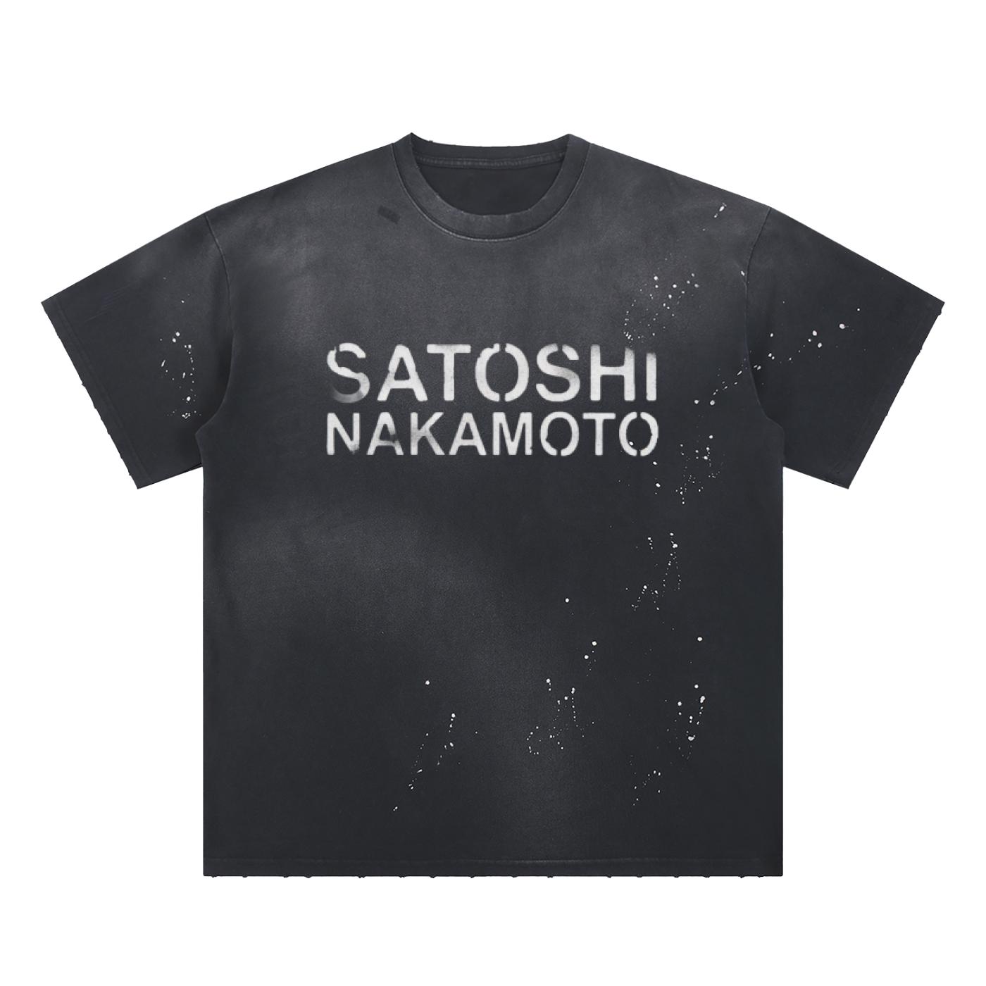 260 GSM SATOSHI NAKAMOTO Hand-frayed Sunfade Paint Splatter T