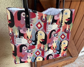 Bolso tote grande de jacquard con motivos abstractos de rostros, bolso tote artístico cubista, bolso de hombro gráfico para mujer, bolso tote forrado con bolsillo.