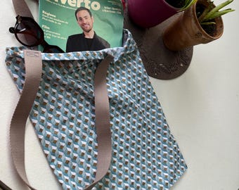 Bolso tote geométrico en color verde azulado y dorado, bolso de tela forrado con bolsillo interior, bolso de compras personalizado hecho a mano, regalo de moda