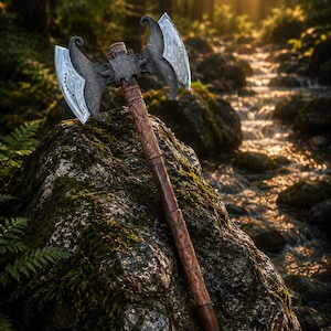May include: A double-bitted battle axe featuring a dark, ornate metal head with silver-toned, sharpened edges and intricate engravings. The long, cylindrical wooden handle displays detailed carved patterns and a textured grip throughout its length.