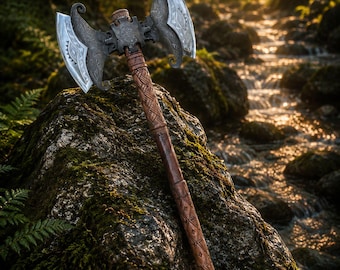 Hache Viking à double tête faite main, hache barbue en acier forgé à la main à double lame cadeau pour lui, cadeau de Noël