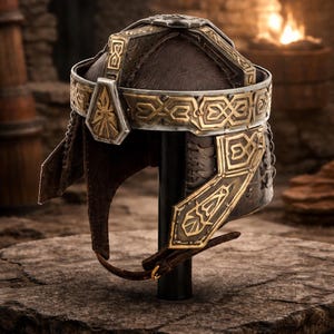 Puede incluir: Un casco de fantasía marrón y dorado con intrincados detalles metálicos y de cuero. El casco presenta una banda decorativa alrededor de la corona y placas laterales con diseños ornamentados. Una correa de cuero con una hebilla dorada asegura el casco.
