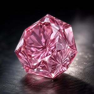 May include: A faceted, pink gemstone with a complex, multi-faceted design. The gem is a vibrant shade of pink, with intricate internal patterns. The gemstone is set against a dark background, highlighting its brilliance and clarity.