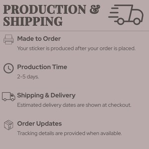 Op de afbeelding: Een lichtbruine informatieve afbeelding met donkerbruine tekst en iconen. De tekst luidt: PRODUCTION & SHIPPING, Made to Order, Production Time 2-5 days, Shipping & Delivery en Order Updates. Iconen bevatten een printer, klok, vrachtwagen en doos.