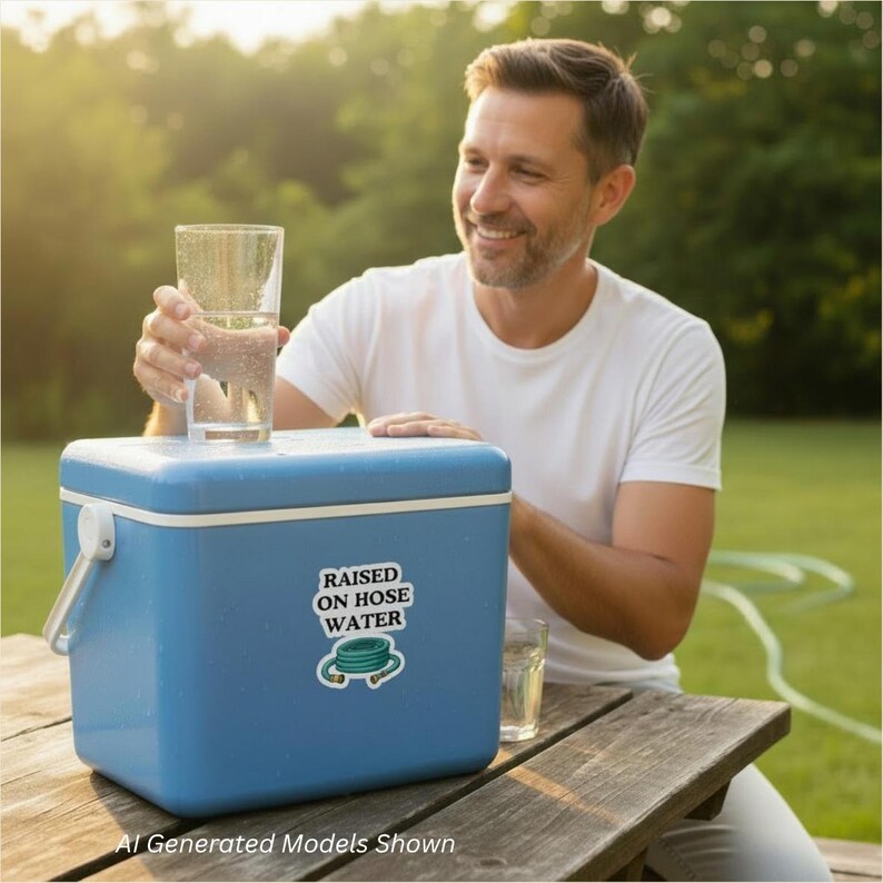 Op de afbeelding: Een blauwe plastic koelbox met een wit deksel en een wit handvat. Een sticker op de voorkant toont een afbeelding van een groene opgerolde tuinslang met de tekst RAISED ON HOSE WATER in zwarte letters.