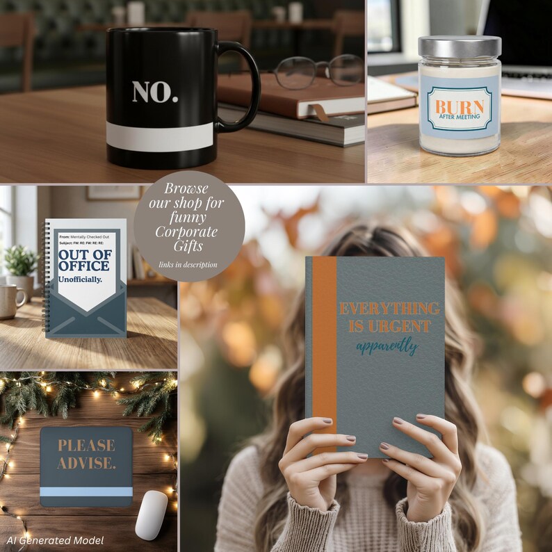 Op de afbeelding: Een verzameling kantoorartikelen waaronder een zwarte mok met de tekst NO., een kaars met het label BURN AFTER MEETING, een spiraalnotitieboek met OUT OF OFFICE, een muismat met PLEASE ADVISE en een grijs notitieboek met EVERYTHING IS URGENT apparently.