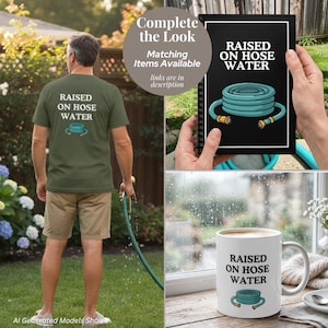 Op de afbeelding: Een olijfgroen t-shirt, een zwart notitieboek met spiraalbinding en een witte keramische mok, elk voorzien van de tekst "RAISED ON HOSE WATER" boven een grafische illustratie van een opgerolde blauwgroene tuinslang met gele koppelingen.