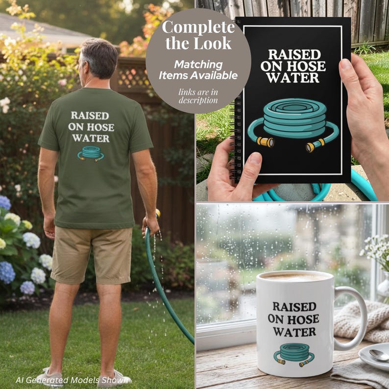 Op de afbeelding: Een olijfgroen t-shirt, een zwart notitieboek met spiraalbinding en een witte keramische mok, elk voorzien van de tekst "RAISED ON HOSE WATER" boven een grafische illustratie van een opgerolde blauwgroene tuinslang met gele koppelingen.