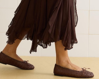 Brown Handwoven Brown Ballet Flats – Woven Leather Look Women’s Flats – Elegant Slip-On Shoes
