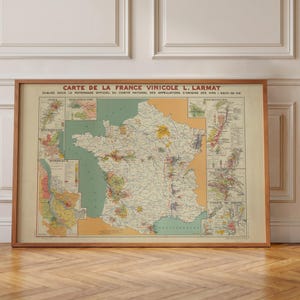 May include: A framed vintage map titled CARTE DE LA FRANCE VINICOLE L. LARMAT, featuring a detailed illustration of French wine regions with various colored zones, text labels, and smaller inset maps of specific areas like Bordeaux and Burgundy.