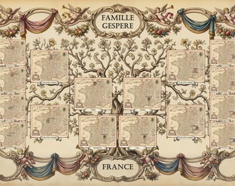 Personalized Family Tree Poster | Custom Genealogy Gift, Coat of Arms, Baroque Heirloom | Antique Map
