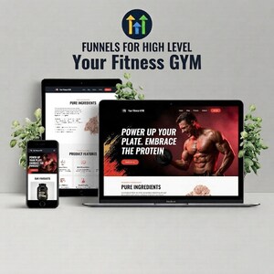 May include: A digital marketing advertisement for a fitness gym, displayed on a laptop, tablet, and smartphone. The laptop screen shows a muscular man holding a weight, with the text "POWER UP YOUR PLATE. EMBRACE THE PROTEIN." The other devices display website pages.