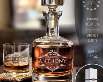 Engraved Crystal Whiskey Decanter Set - Custom Glassware Birthday Gifts for Him, Personalized Whiskey Set for Groomsmen Gifts - Astor