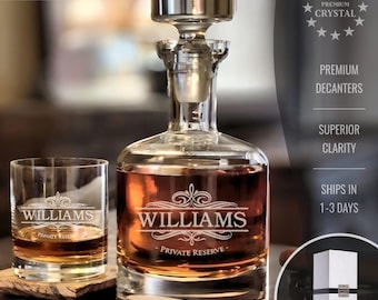 Engraved Crystal Whiskey Decanter Set - Custom Glassware Anniversary Gifts for Him, Personalized Birthday Gifts for Him - Luxe
