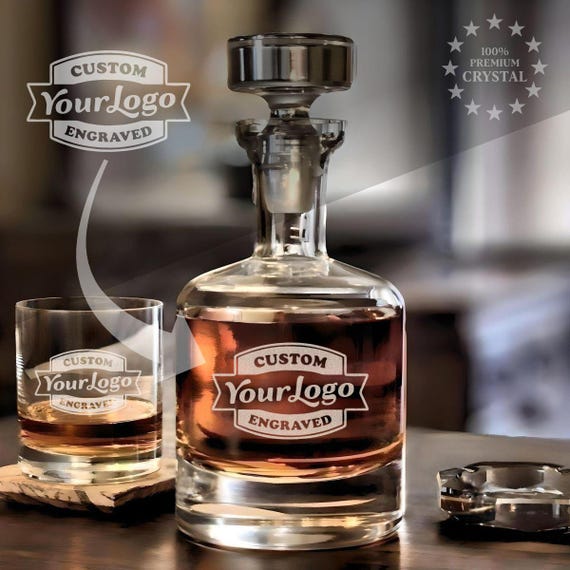 Full custom-logo engraved crystal decanter set makes a retirement or corporate gift feel genuinely bespoke and premium.