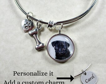 Black Pug Bracelet, Black Pug Bangle, Black Pug Jewelry, Black Pug Gifts, Black Pug Mom Gifts, Gifts with Black Pug