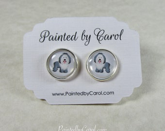 Old English Sheepdog Earrings, Cartoon Sheepdog Jewelry, OES Earrings, Sheepdog Studs, Sheepdog Gifts, Dulux Dog Earrings, Kids Earrings