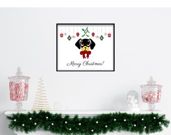 Dachshund Print, Dachshund Christmas Digital Download, Print at Home Wall Art, Wiener Dog Gift, Black And Tan Dachshund Art, Christmas Dog