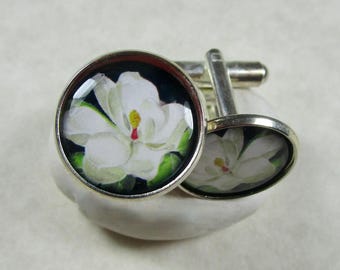 Magnolia Cufflinks, Southern Charm Mens Jewelry / White Flower Gifts for Him