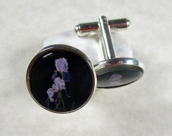 Bearded Iris Cufflinks, Purple Flower Mens Jewelry / Floral Gifts for Him