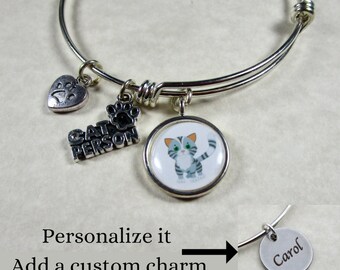 Gray Tabby Cat Bangle, Cat Bracelet, Cat Jewelry, Cat Mom Gifts, Gray Cat Gifts, Gray Tabby Jewelry, Cat Lover Gifts