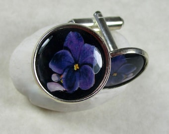 Violet Cufflinks, February Birthday Mens Gifts / Purple Flower Jewelry for Him