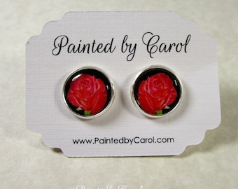 Red Rose Earrings, Red Rose Jewelry, Red Rose Studs, Valentine Earrings, Valentine Jewelry, Wedding Earrings, Wedding Jewelry, Rose Gifts