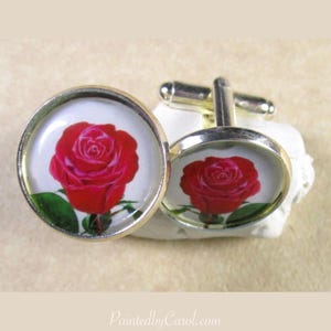 Dark Pink Rose Cufflinks, Rose Mens Gifts, Rose Wedding Cufflinks, Rose Bridal Cufflinks, Rose Prom Cufflinks, Rose Grooms Cufflinks