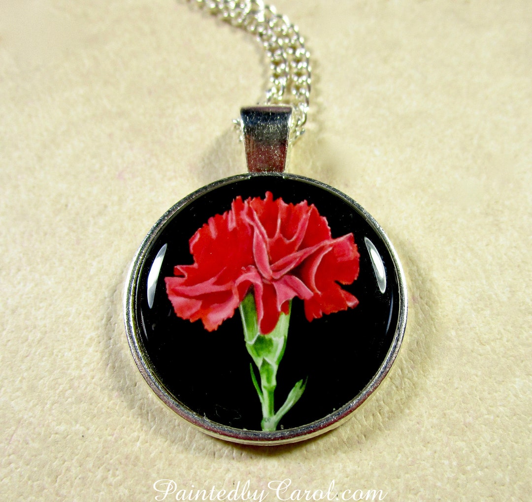 Carnation Pendant, Carnation Necklace, Red Carnation Jewelry, Carnation
