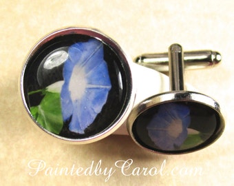 Morning Glory Cufflinks, Morning Glory Mens Gifts, Blue Flower Cufflinks, September Birth Flower Gifts, Gifts for Him