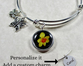 Daffodil Bangle, Personalized March Birthday Bracelet / Custom Yellow Jonquil Jewelry