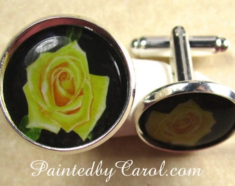 Yellow Rose Cufflinks, Yellow Rose Mens Gifts, Rose Wedding Jewelry, Rose Bridal Cufflinks, Rose Grooms Cufflinks, Valentines Cufflinks