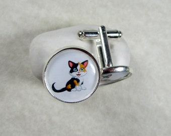 Calico Cat Cufflinks, Cat Mens Gifts, Cat Mens Jewelry, Calico Cat Gifts, Cat Dad Gifts, Calico Cat Bridal, Calico Cat Wedding Jewelry