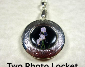 Bearded Iris Photo Locket Necklace, Purple Flower Pendant / Floral Jewelry Gifts
