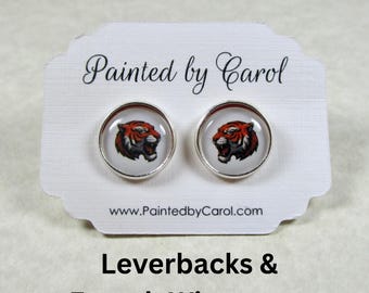 Bengal Tiger Earrings, Big Cat Studs, Leverbacks or Wires / Team Mascot Fan Jewelry Gifts